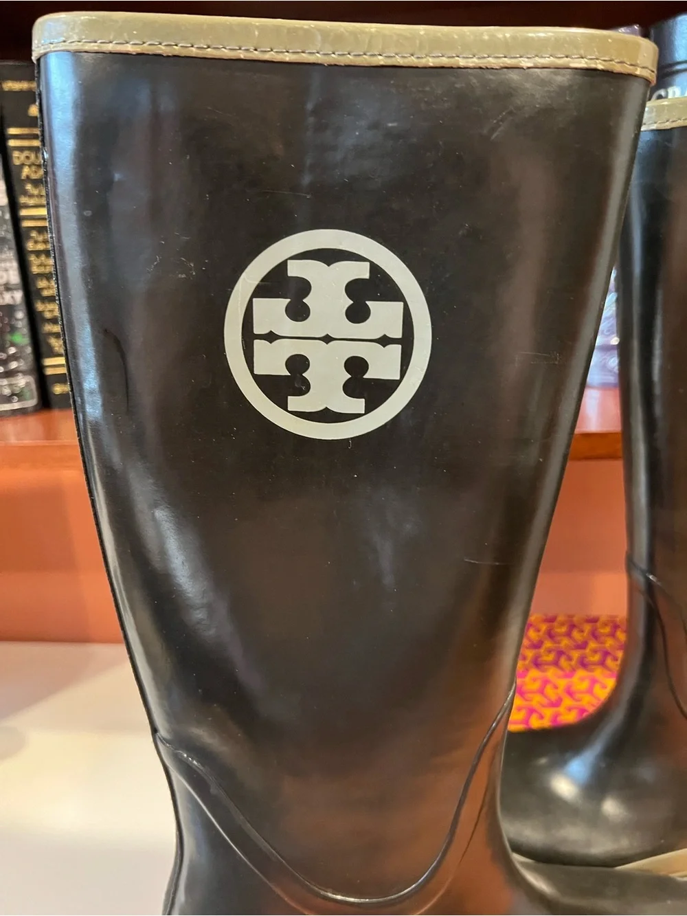 Tory Burch Black Rain Boots with Grey Trim and Logo
